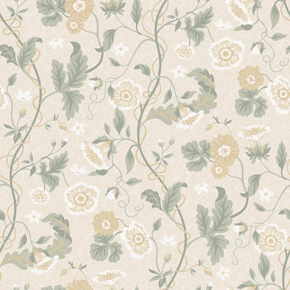  Japanese anemones, cup-and-saucer vines, and avens intertwined offer a softly verdant Arts &amp; Crafts-inspired wallpaper with intricate details and an enveloping character. 