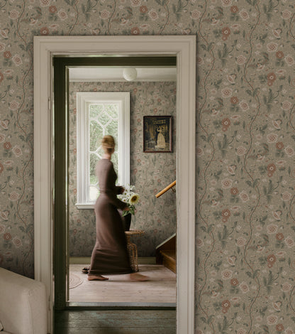  Japanese anemones, cup-and-saucer vines, and avens intertwined offer a softly verdant Arts &amp; Crafts-inspired wallpaper with intricate details and an enveloping character. 