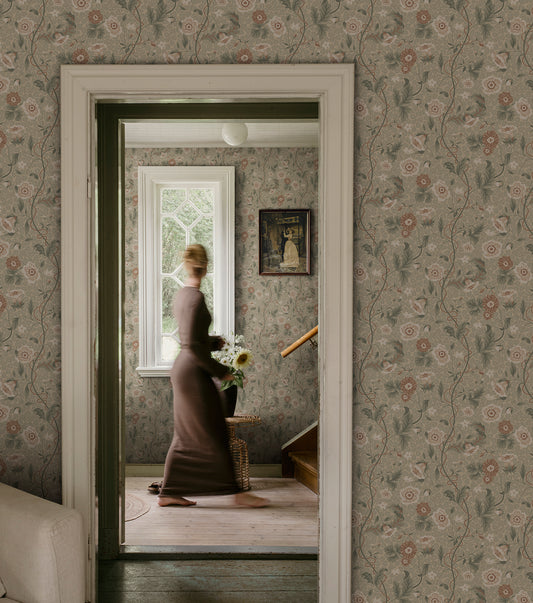  Japanese anemones, cup-and-saucer vines, and avens intertwined offer a softly verdant Arts &amp; Crafts-inspired wallpaper with intricate details and an enveloping character. 
