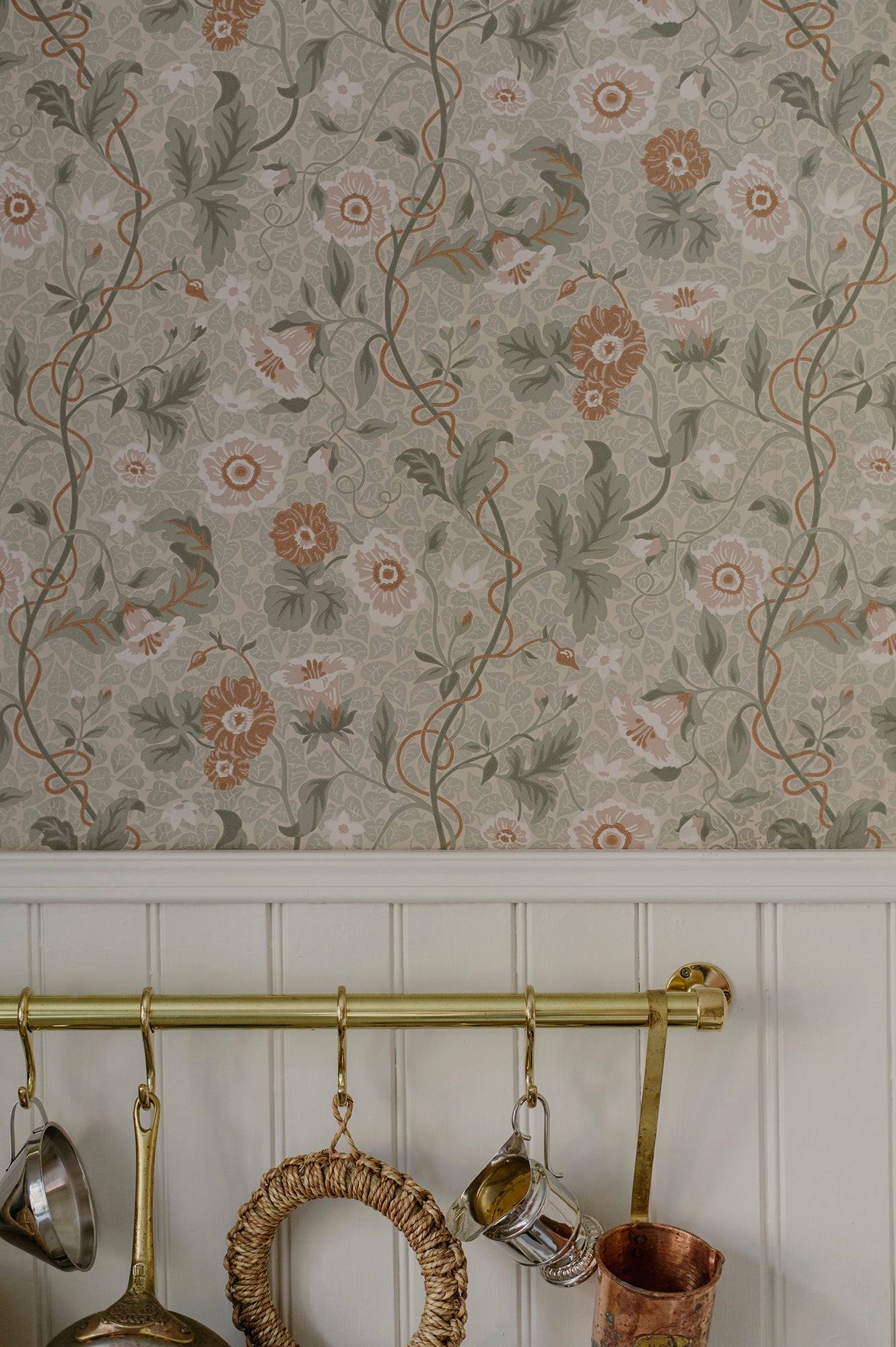  Japanese anemones, cup-and-saucer vines, and avens intertwined offer a softly verdant Arts &amp; Crafts-inspired wallpaper with intricate details and an enveloping character. 