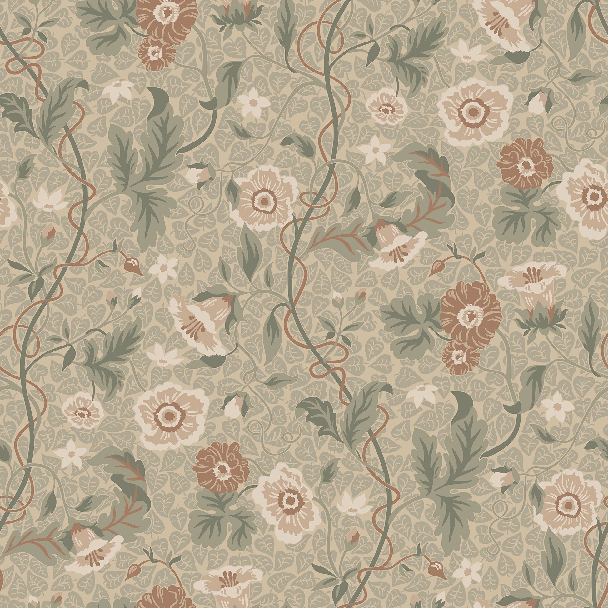  Japanese anemones, cup-and-saucer vines, and avens intertwined offer a softly verdant Arts &amp; Crafts-inspired wallpaper with intricate details and an enveloping character. 