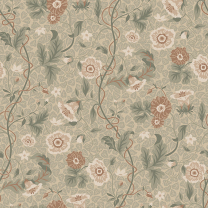  Japanese anemones, cup-and-saucer vines, and avens intertwined offer a softly verdant Arts &amp; Crafts-inspired wallpaper with intricate details and an enveloping character. 