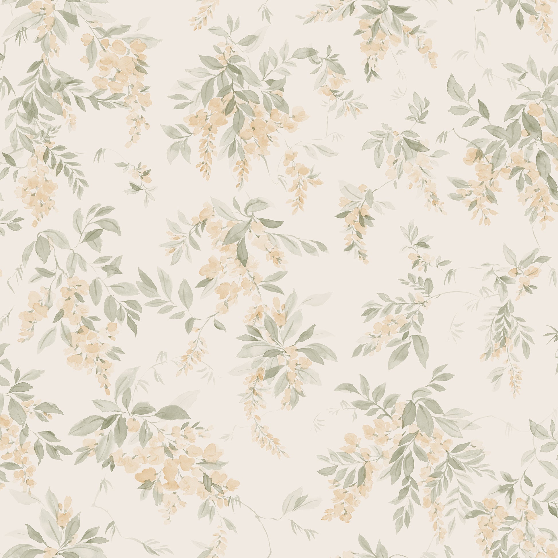 Wallpaper Lovisa with an airy watercolor featuring clusters of wisteria that exudes a romantic, rural charm with a contemporary touch.