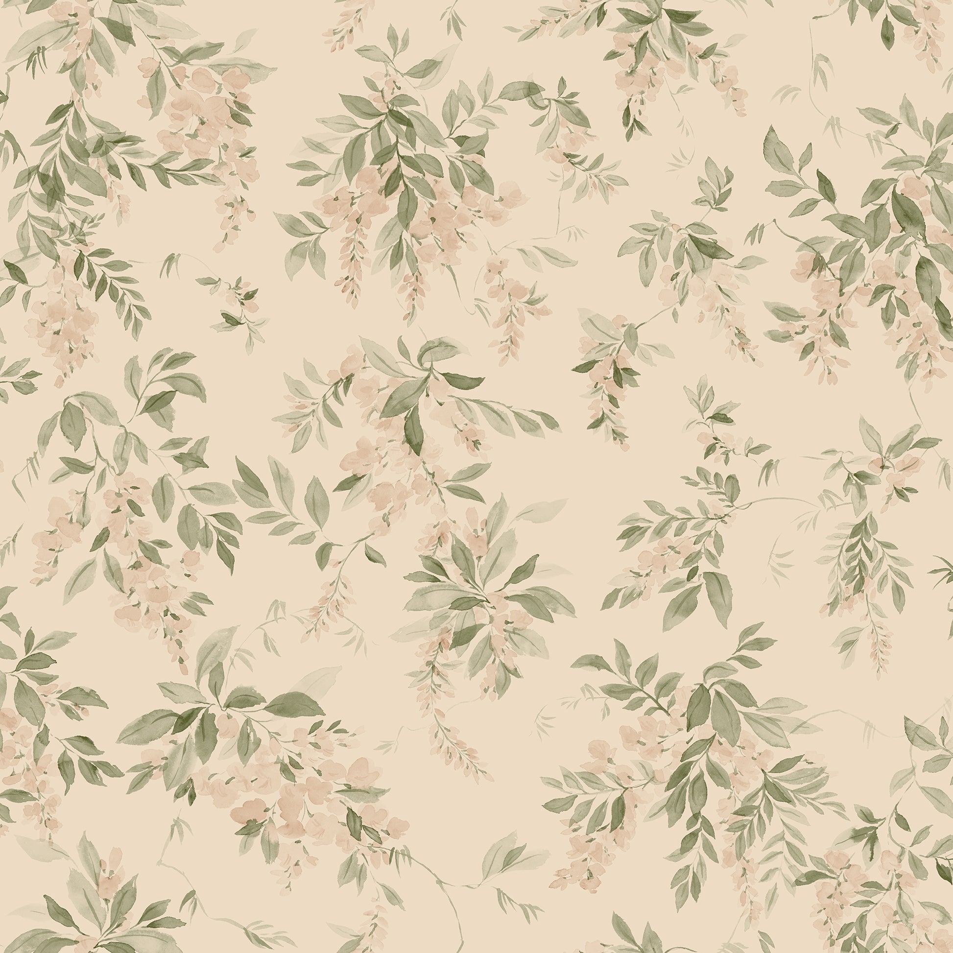 Wallpaper Lovisa with an airy watercolor featuring clusters of wisteria that exudes a romantic, rural charm with a contemporary touch.