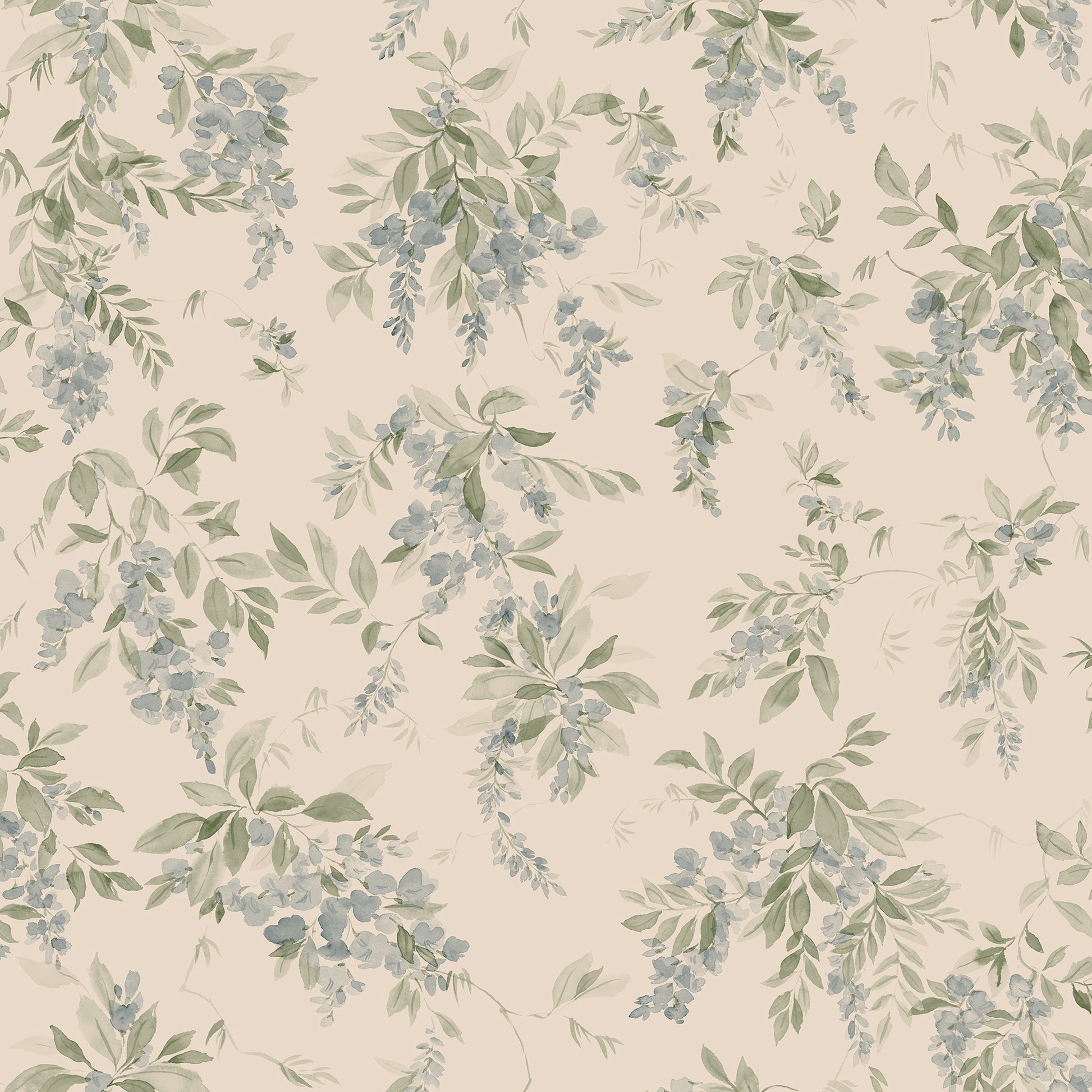 Wallpaper Lovisa with an airy watercolor featuring clusters of wisteria that exudes a romantic, rural charm with a contemporary touch. Lovisa, Blue, has a warm beige base with a delicate pattern in lovely soft blue and green hues.