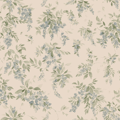 Wallpaper Lovisa with an airy watercolor featuring clusters of wisteria that exudes a romantic, rural charm with a contemporary touch. Lovisa, Blue, has a warm beige base with a delicate pattern in lovely soft blue and green hues.