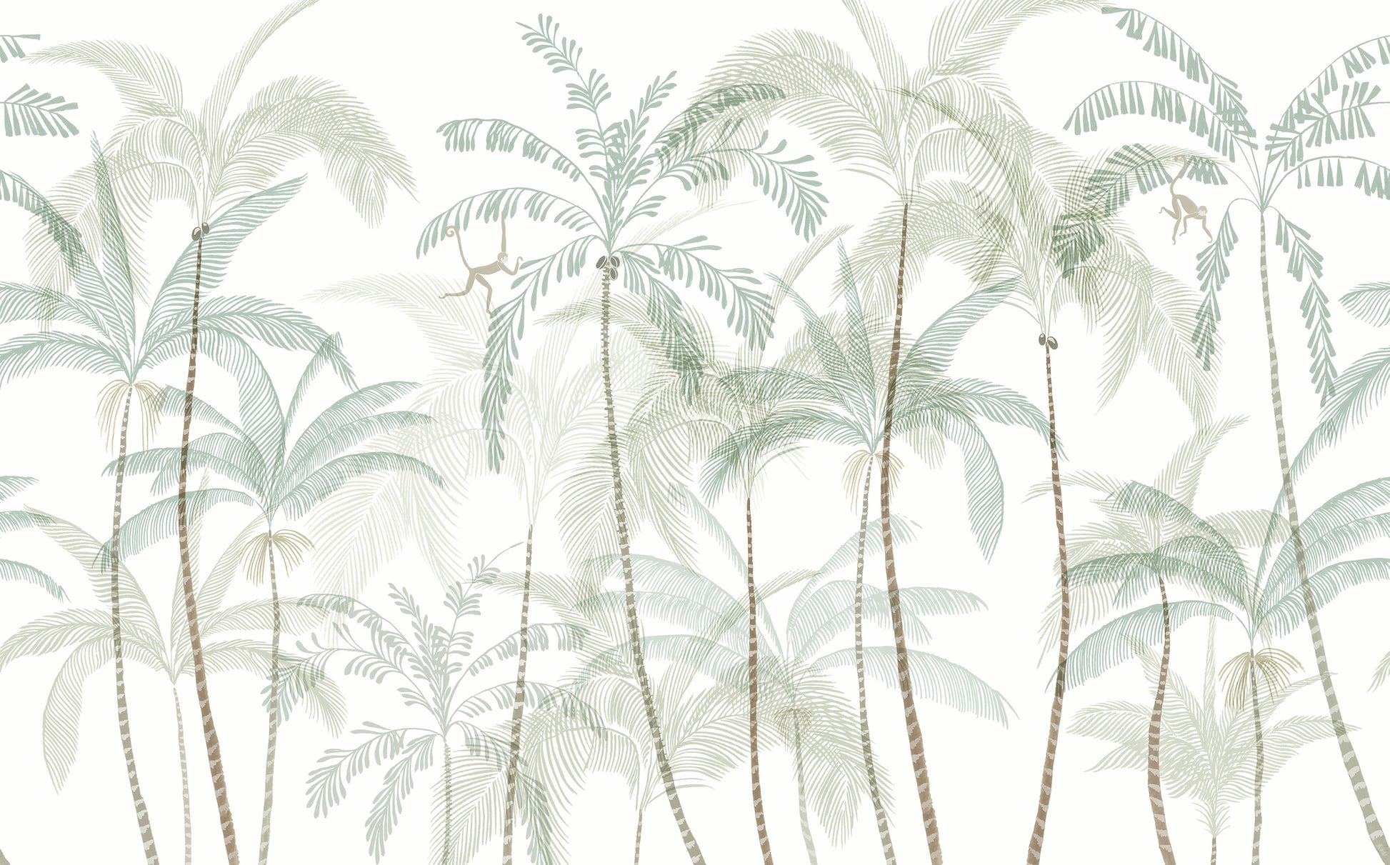 Hand-painted swaying palm trees with a vintage feel create a lush, airy scenography with monkeys swinging between the treetops. Wallpaper Louie, Light Green features a serene white background accented with delicate light green and soft beige hues.