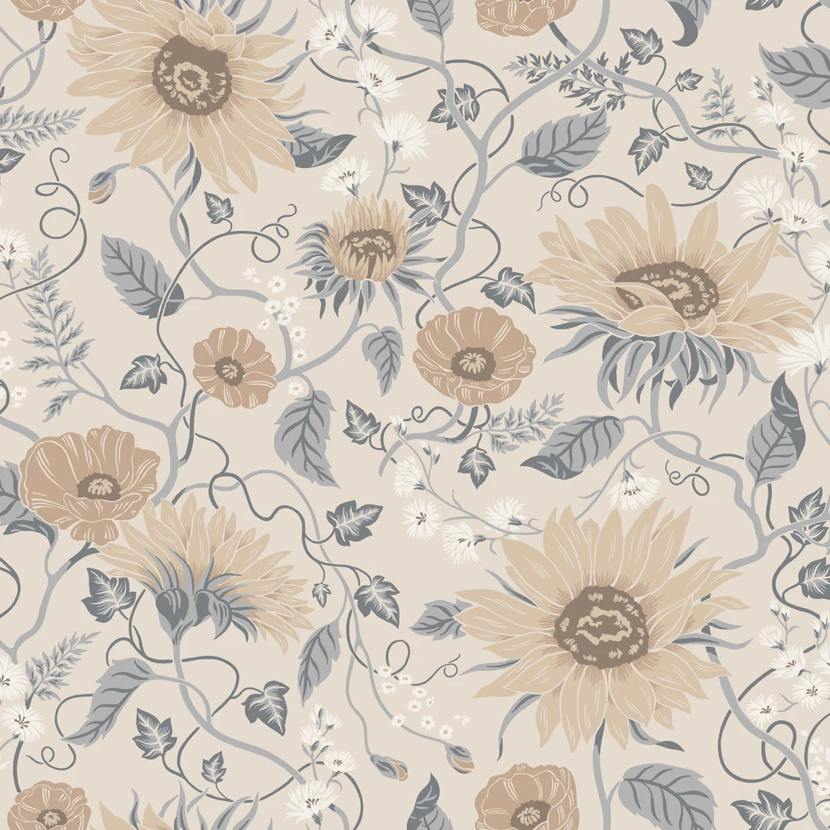 Wallpaper Solveig, Misty Blue, has a warm beige base adorned by flowers in warm beige and white, with misty blue foliage.