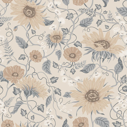 Wallpaper Solveig, Misty Blue, has a warm beige base adorned by flowers in warm beige and white, with misty blue foliage.