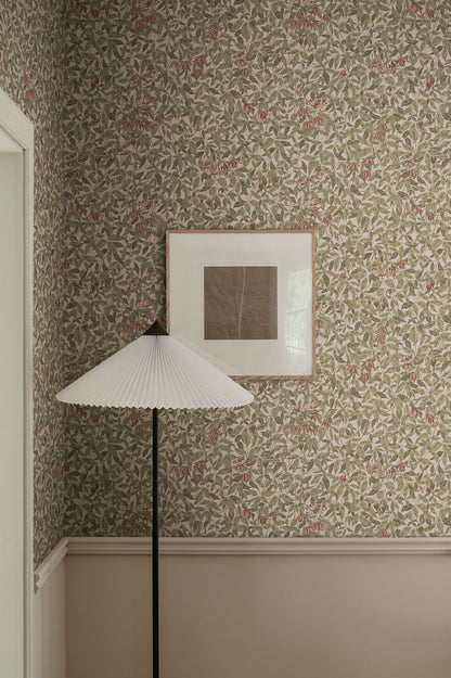 Our popular Linnea pattern, featuring softly verdant clematis and honeysuckle, this wallpaper brings character and life to your home