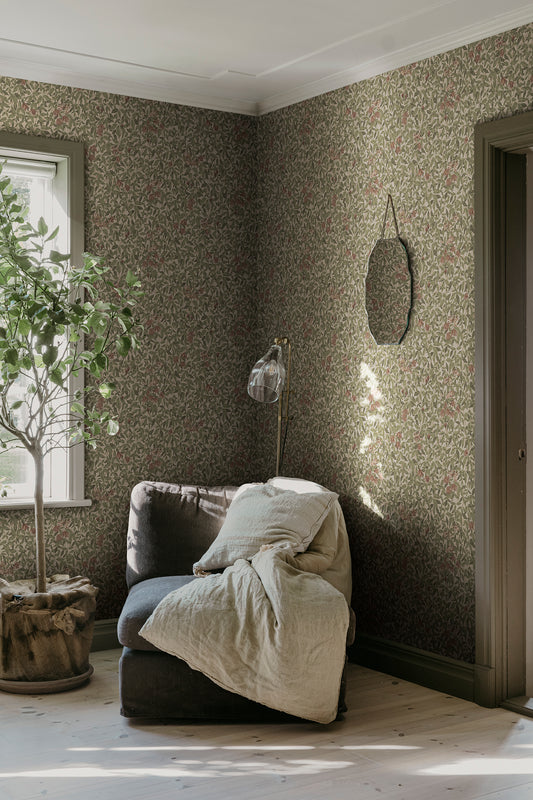 Our popular Linnea pattern, featuring softly verdant clematis and honeysuckle, this wallpaper brings character and life to your home