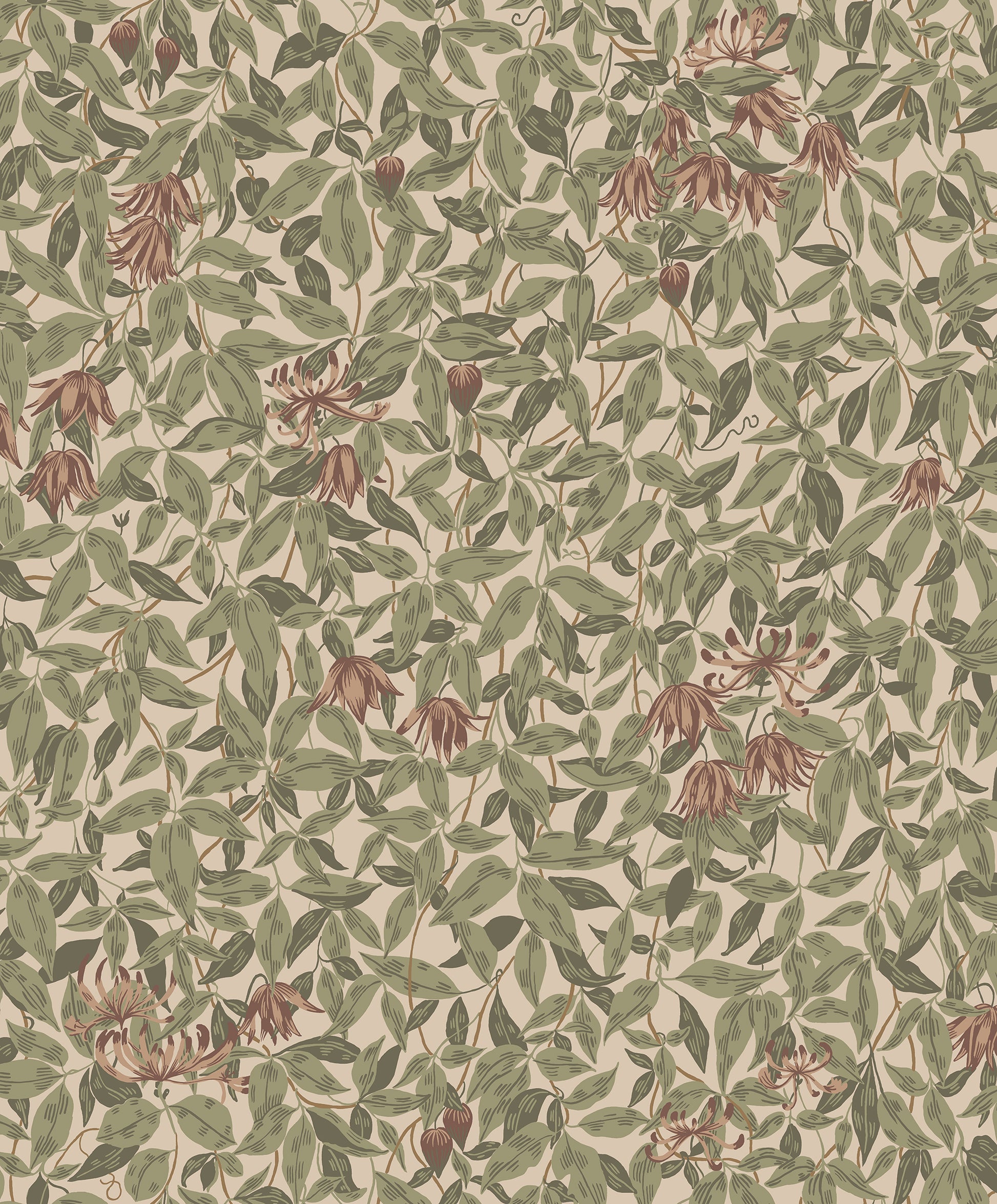 Our popular Linnea pattern, featuring softly verdant clematis and honeysuckle, this wallpaper brings character and life to your home