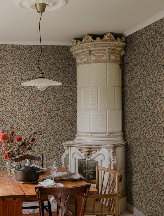 Our popular Linnea pattern, featuring softly verdant clematis and honeysuckle, this wallpaper brings character and life to your home.