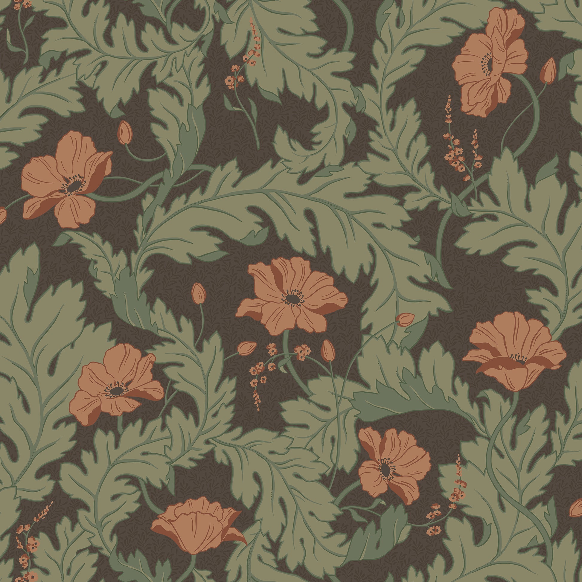 Dancing poppies in the wind, wrapped in winding foliage. The wallpaper Charlotta provides a sense of coziness and softness at first glance; a closer look reveals all the beautiful details.