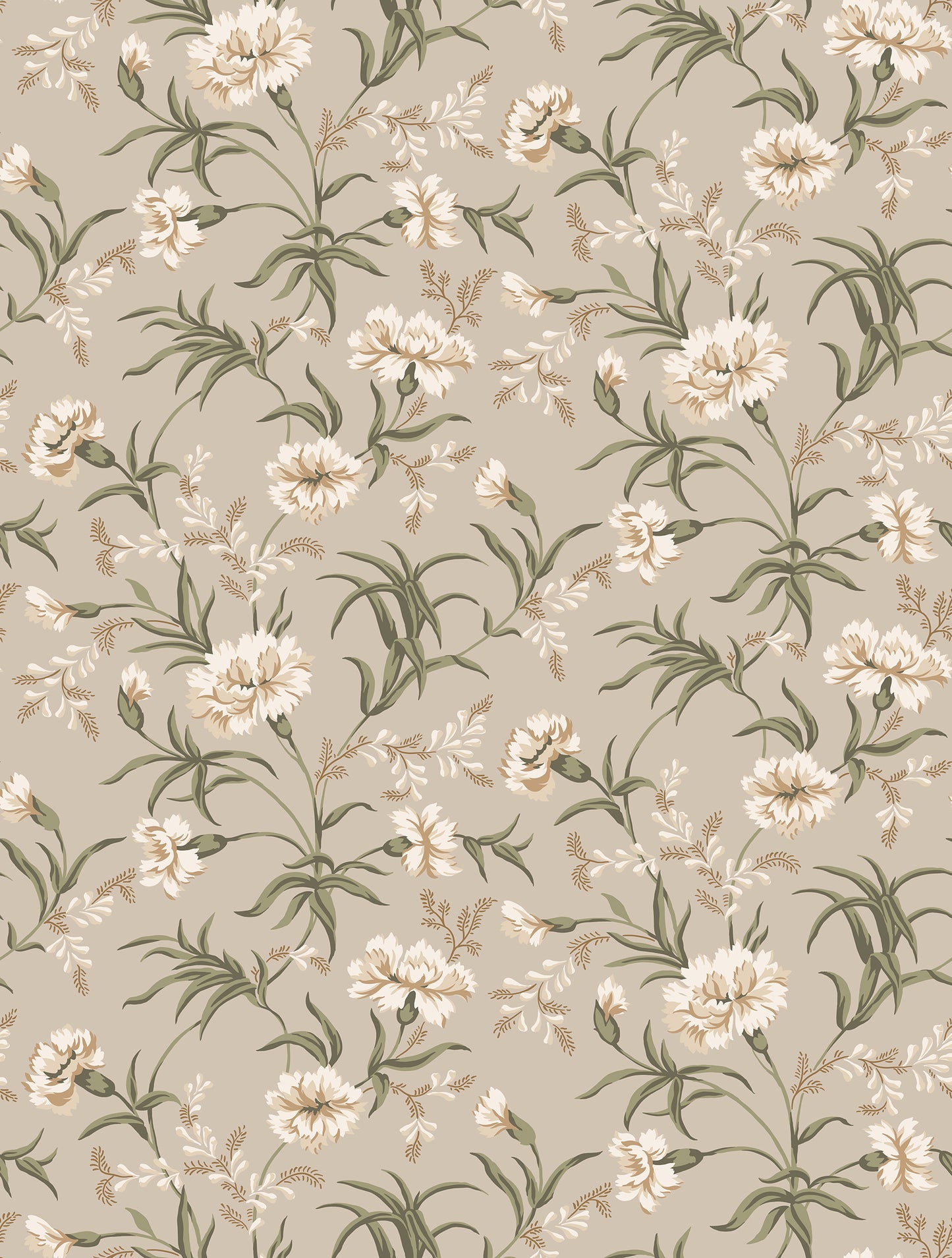 Decorative small clusters of carnations soothe the eternal longing for summer in our wallpaper favorite Emilie.