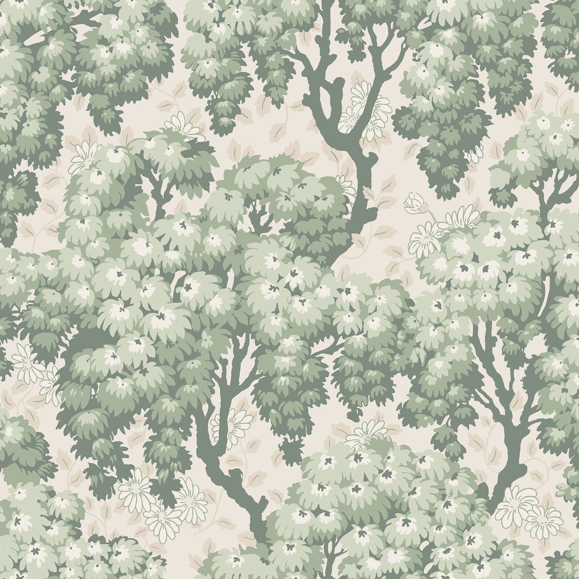 Lush tree canopies against a meadow of daisies create a harmonious, large-patterned wallpaper curtain on the wall.