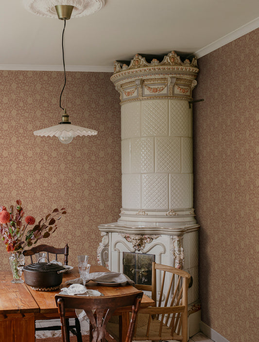 This newly revived wallpaper favorite features stylized wild roses in a dense, organic design.
