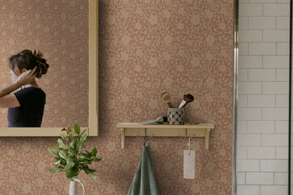 This newly revived wallpaper favorite features stylized wild roses in a dense, organic design.