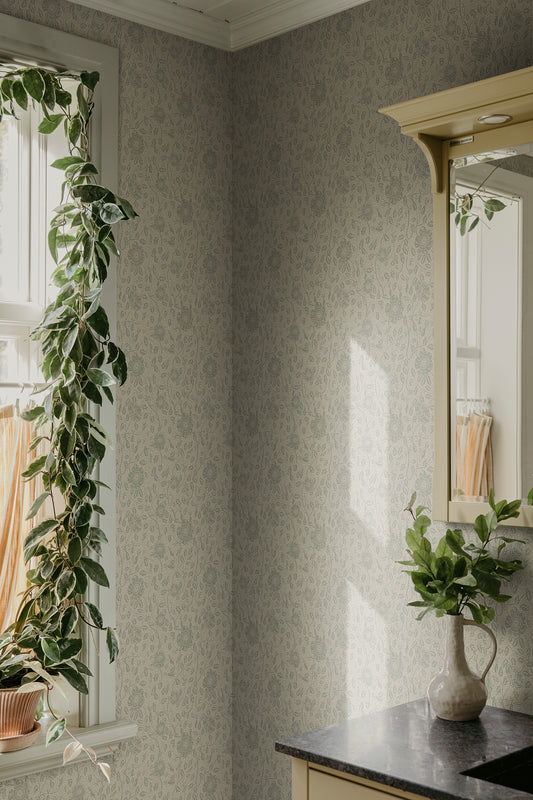 This newly revived wallpaper favorite features stylized wild roses in a dense, organic design.