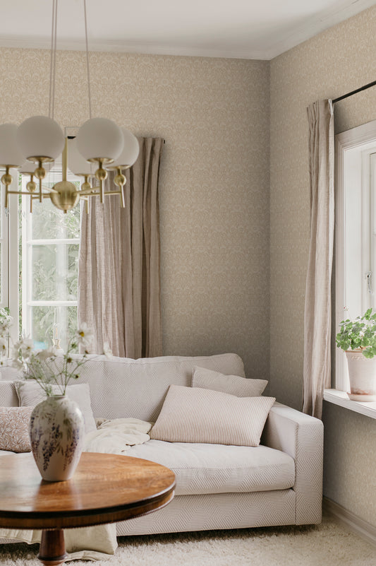 Emil is our interpretation of a classic medallion wallpaper pattern, featuring an intriguing richness of details with leaves and arching stems.