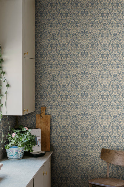 Emil is our interpretation of a classic medallion wallpaper pattern, featuring an intriguing richness of details with leaves and arching stems.
