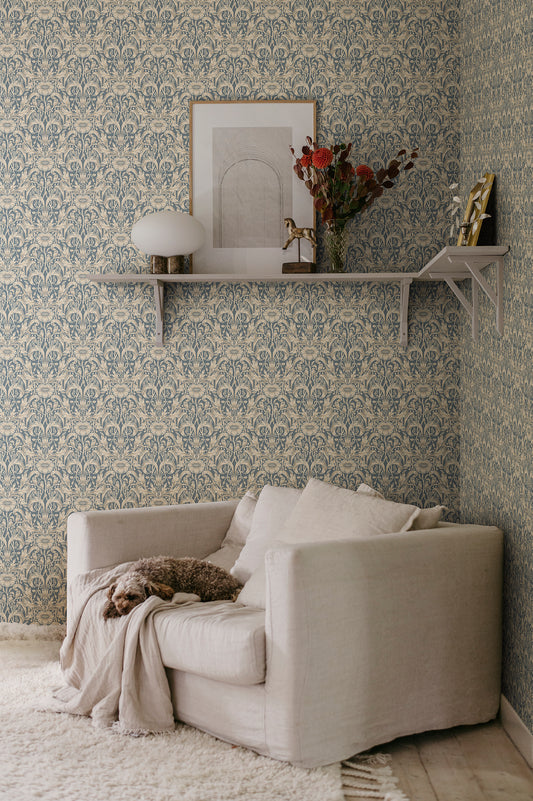 Emil is our interpretation of a classic medallion wallpaper pattern, featuring an intriguing richness of details with leaves and arching stems.