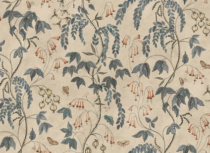 Ottilia, Misty Blue wallpaper has a warm beige background with deep blue and muted red florals.