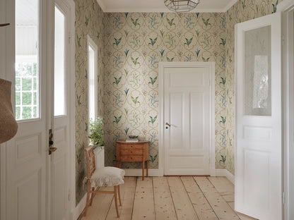 A delicate trellis wallpaper mural design featuring our favorite flowers—Lily of the Valley and Twinflower, beautifully framed within fine latticework alongside Poet’s Narcissus and Vetch