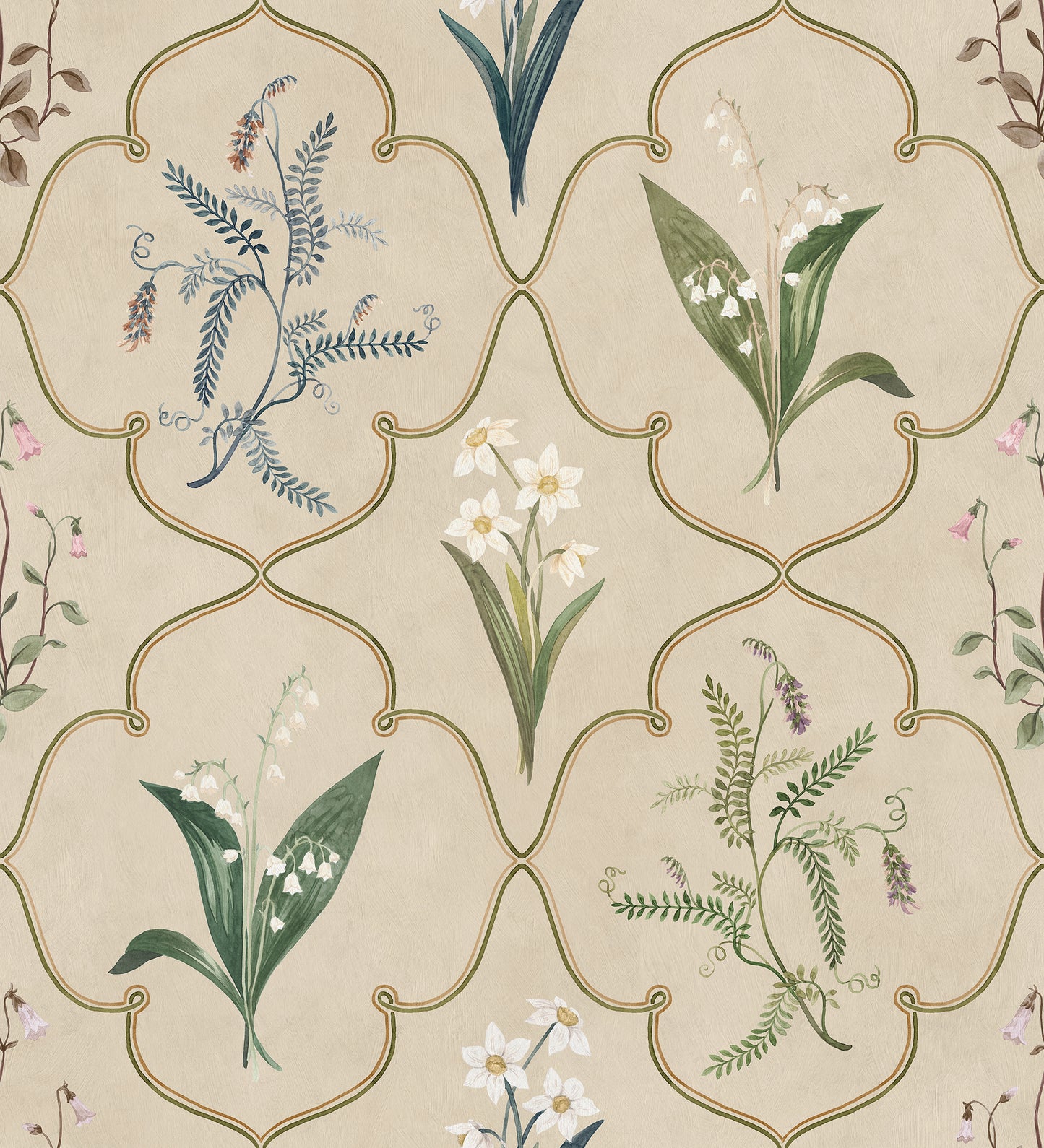 A delicate trellis wallpaper mural design featuring our favorite flowers—Lily of the Valley and Twinflower, beautifully framed within fine latticework alongside Poet’s Narcissus and Vetch