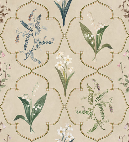 A delicate trellis wallpaper mural design featuring our favorite flowers—Lily of the Valley and Twinflower, beautifully framed within fine latticework alongside Poet’s Narcissus and Vetch