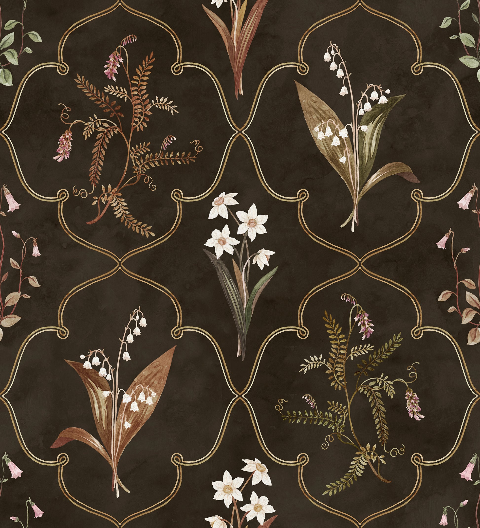 A delicate trellis wallpaper mural design featuring our favorite flowers—Lily of the Valley and Twinflower, beautifully framed within fine latticework alongside Poet’s Narcissus and Vetch.