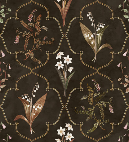 A delicate trellis wallpaper mural design featuring our favorite flowers—Lily of the Valley and Twinflower, beautifully framed within fine latticework alongside Poet’s Narcissus and Vetch.