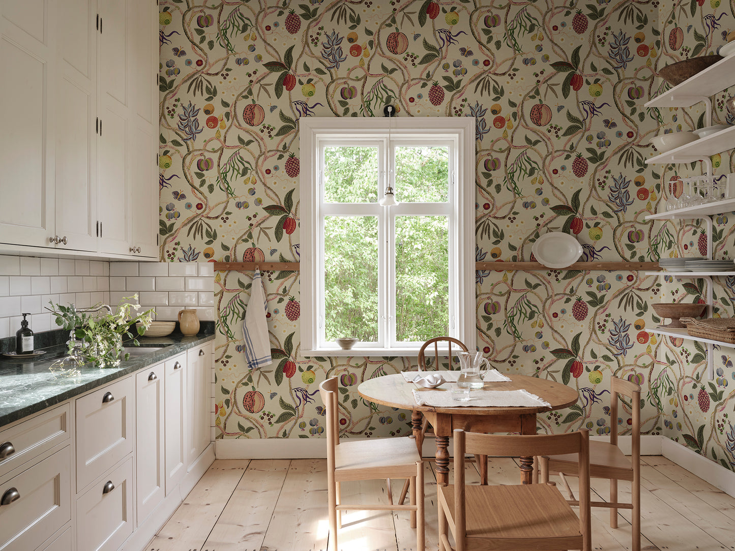 A wallpaper with a playfully hand-painted fantasy tree inspired by plants from Plantae Selectae, adorned with intertwining decorative fruits.