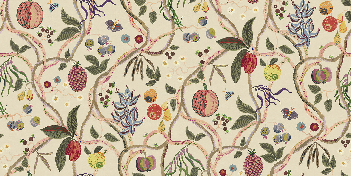 A wallpaper with a playfully hand-painted fantasy tree inspired by plants from Plantae Selectae, adorned with intertwining decorative fruits.