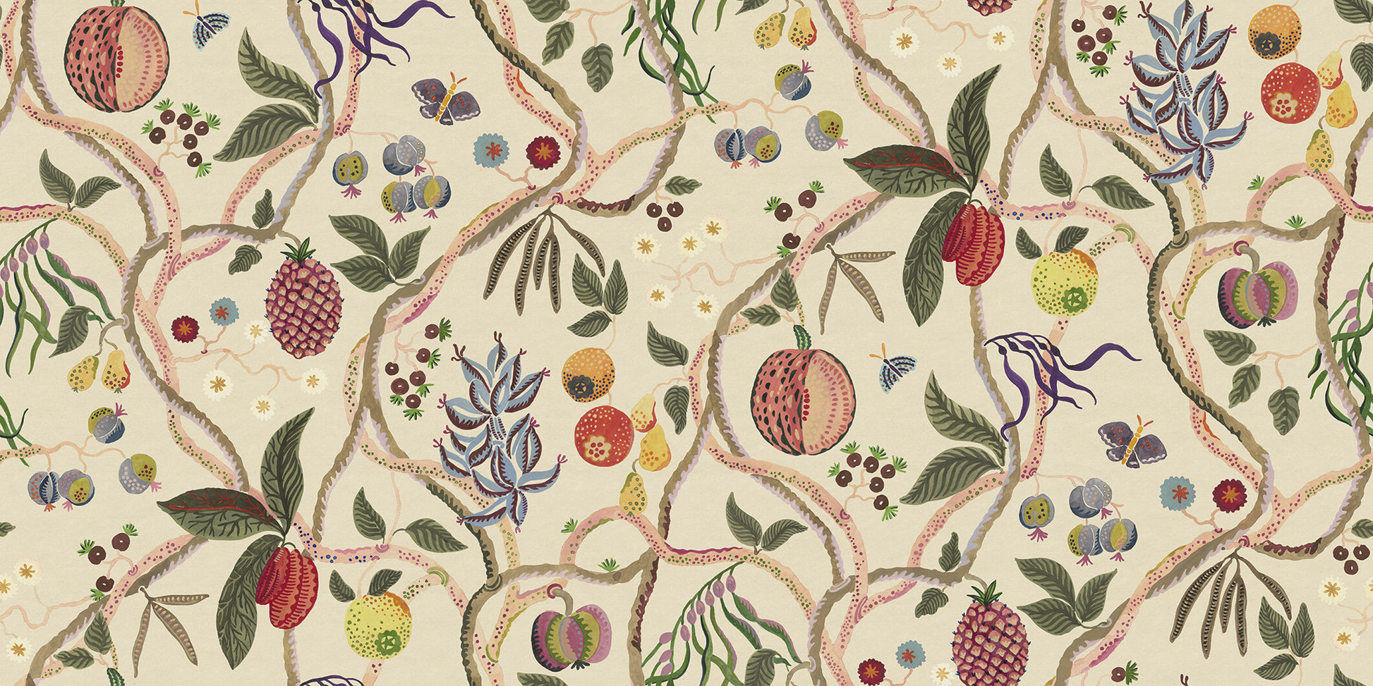 A wallpaper with a playfully hand-painted fantasy tree inspired by plants from Plantae Selectae, adorned with intertwining decorative fruits.
