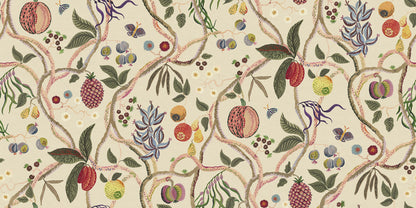 A wallpaper with a playfully hand-painted fantasy tree inspired by plants from Plantae Selectae, adorned with intertwining decorative fruits.