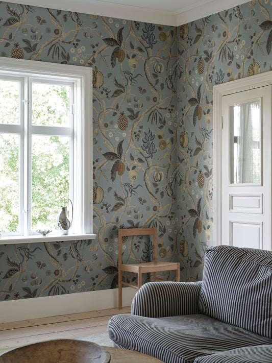A wallpaper with a playfully hand-painted fantasy tree inspired by plants from Plantae Selectae, adorned with intertwining decorative fruits.