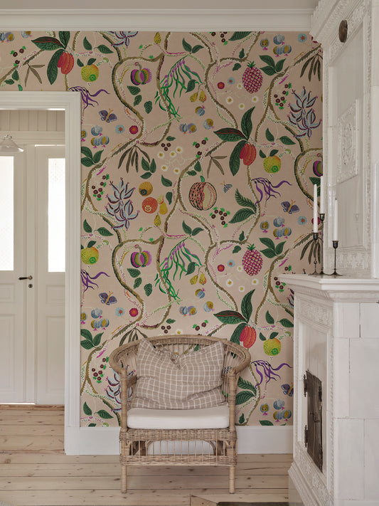 A wallpaper with a playfully hand-painted fantasy tree inspired by plants from Plantae Selectae, adorned with intertwining decorative fruits.