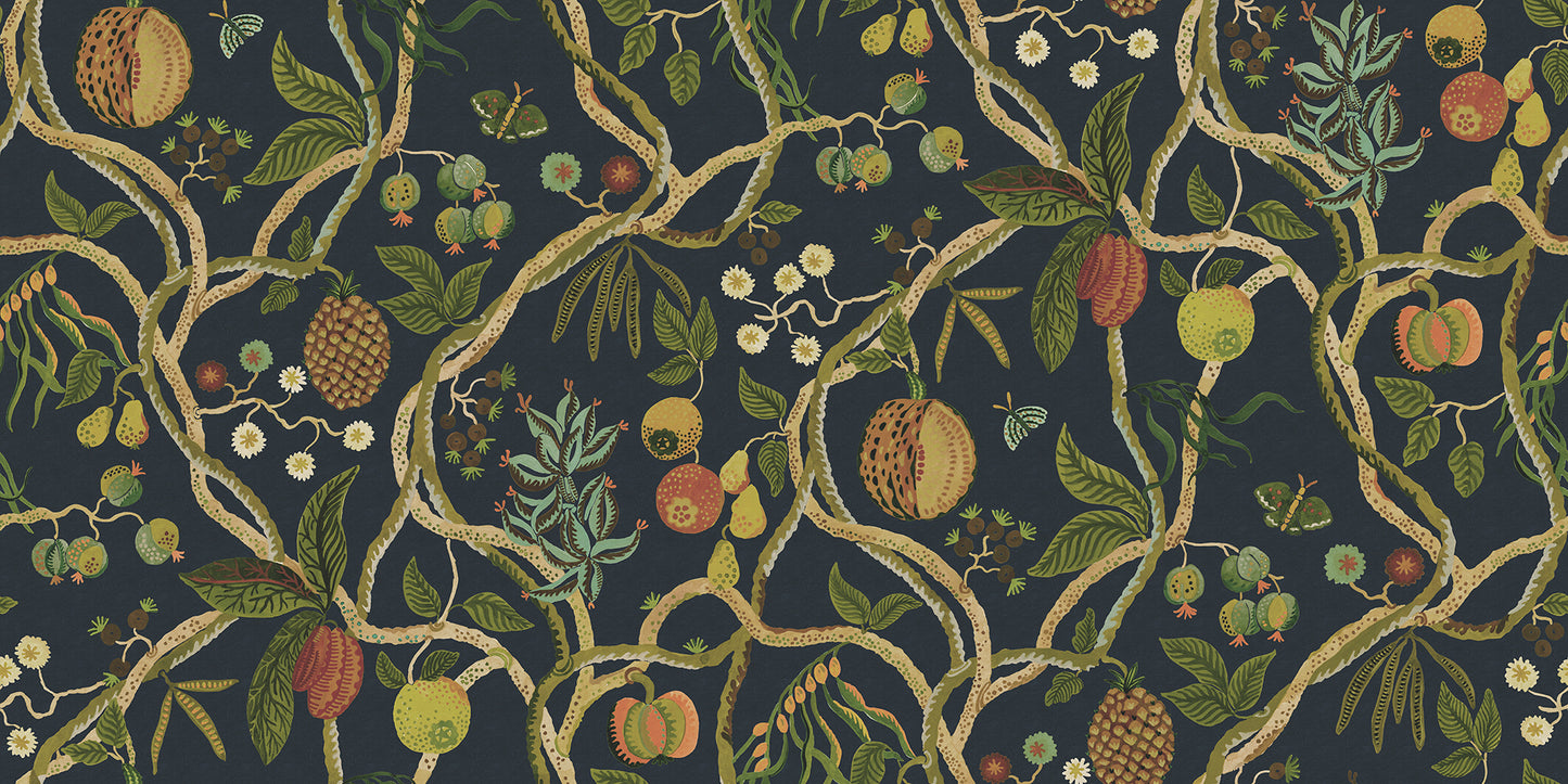  A wallpaper with a playfully hand-painted fantasy tree inspired by plants from Plantae Selectae, adorned with intertwining decorative fruits. 