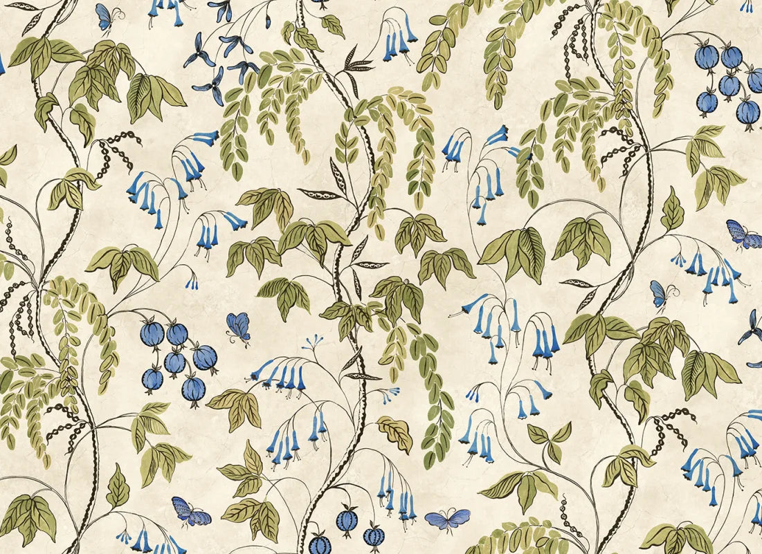  Ottilia, Olive Green wallpaper presents a soft cream background with vibrant green, purple, and soft blue florals.
 