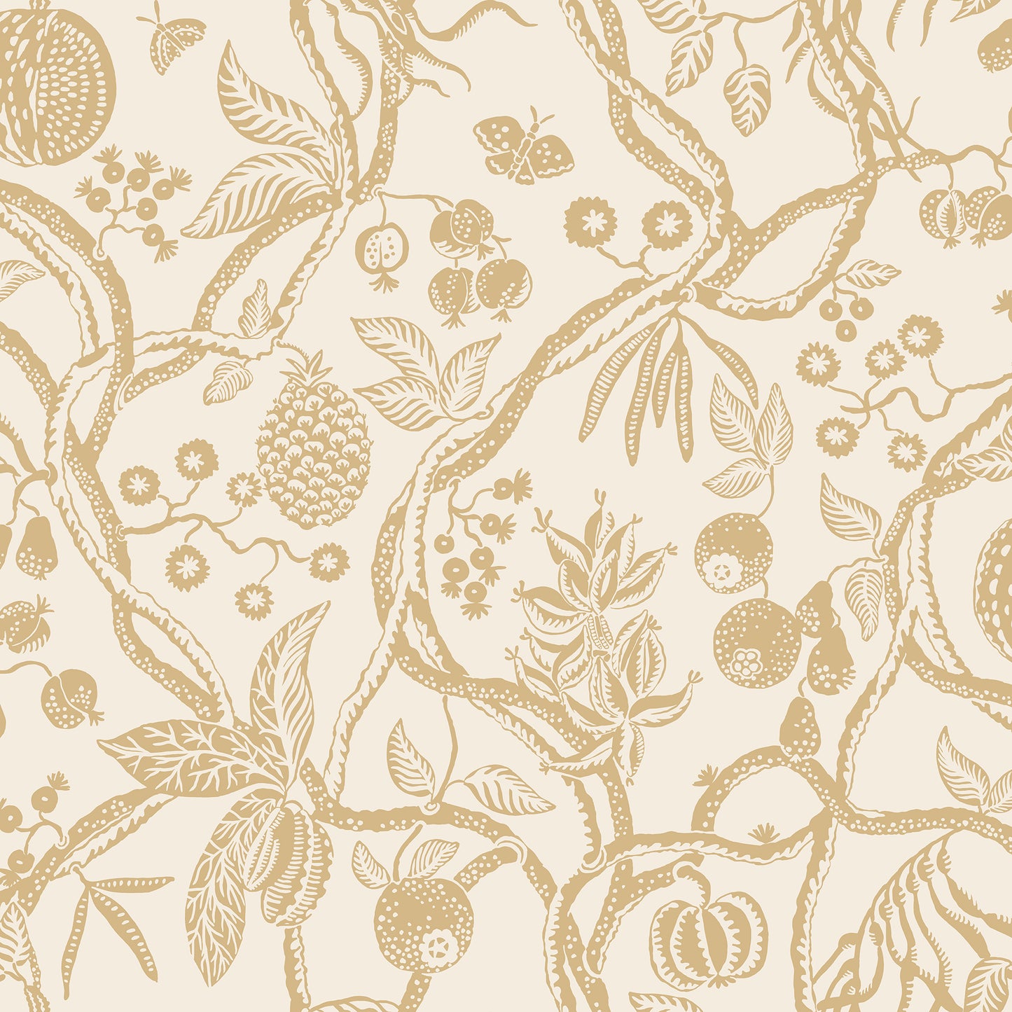 The Tree of Life wallpaper in a warm honey hue captures the essence of nature’s elegance with exotically winding branches and intricate details.