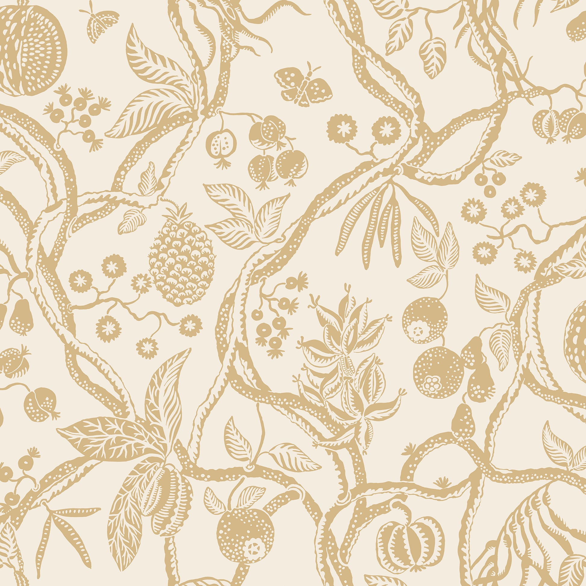 The Tree of Life wallpaper in a warm honey hue captures the essence of nature’s elegance with exotically winding branches and intricate details.