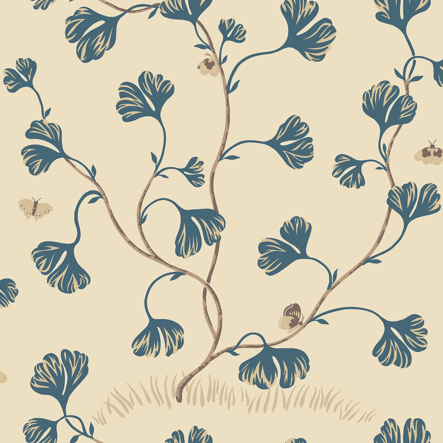 Discover the timeless elegance of the Ebba wallpaper featuring stylized ginkgo leaves and butterflies in a soothing blue palette.