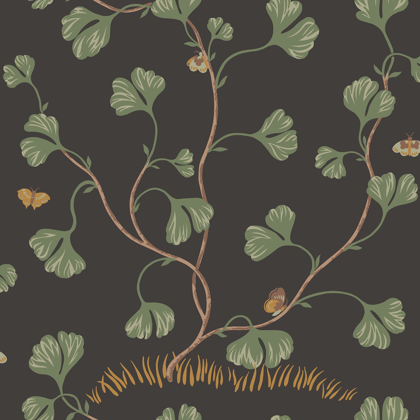 Ebba Charcoal is a sophisticated wallpaper featuring elegant ginkgo leaves and hidden butterflies on a striking dark background.