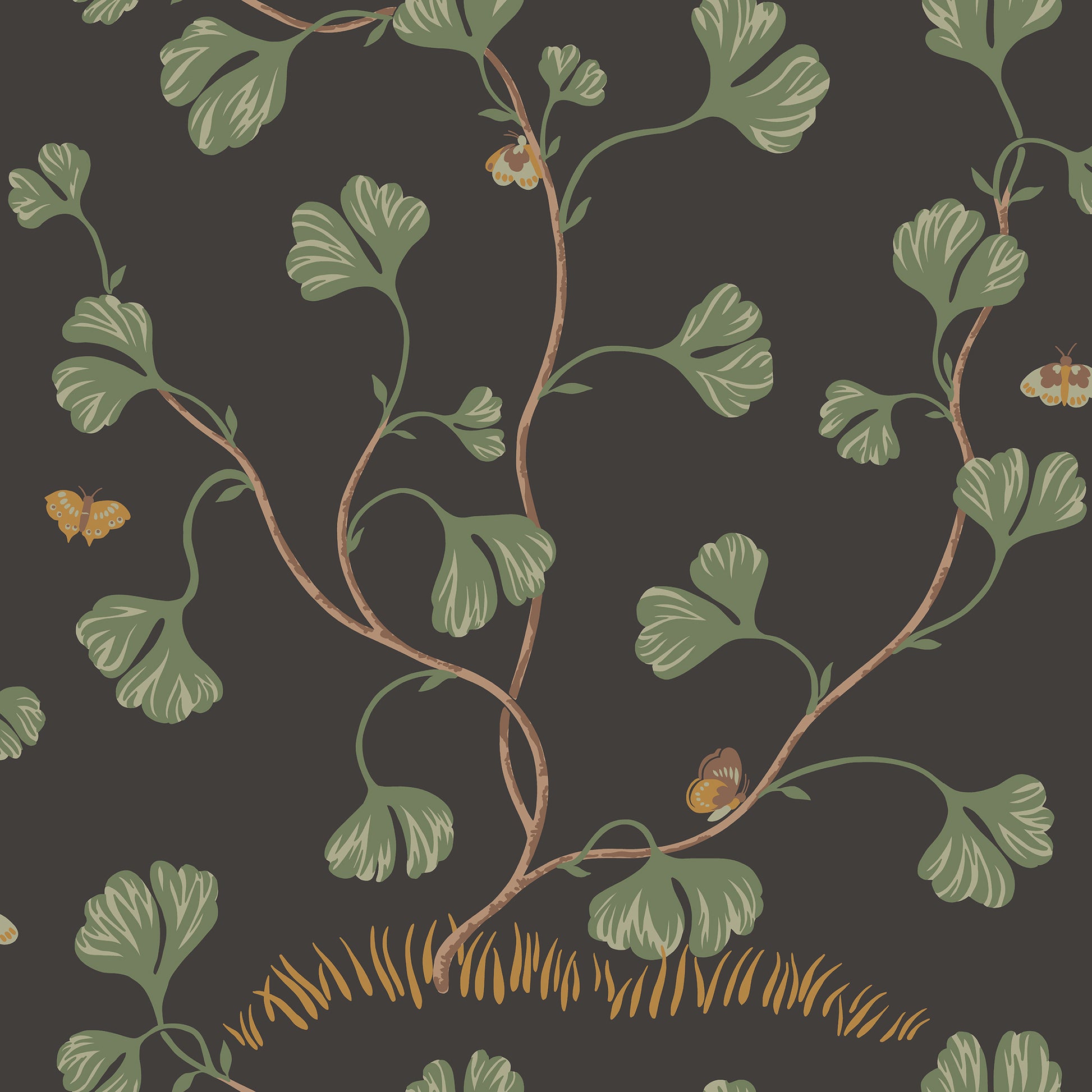 Ebba Charcoal is a sophisticated wallpaper featuring elegant ginkgo leaves and hidden butterflies on a striking dark background.