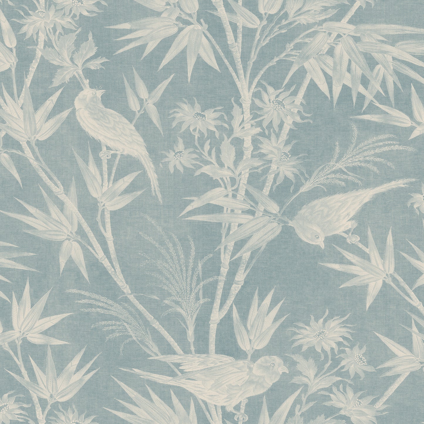 Celeste Misty Blue wallpaper offers a classic toile feel with a soft textile appearance.
