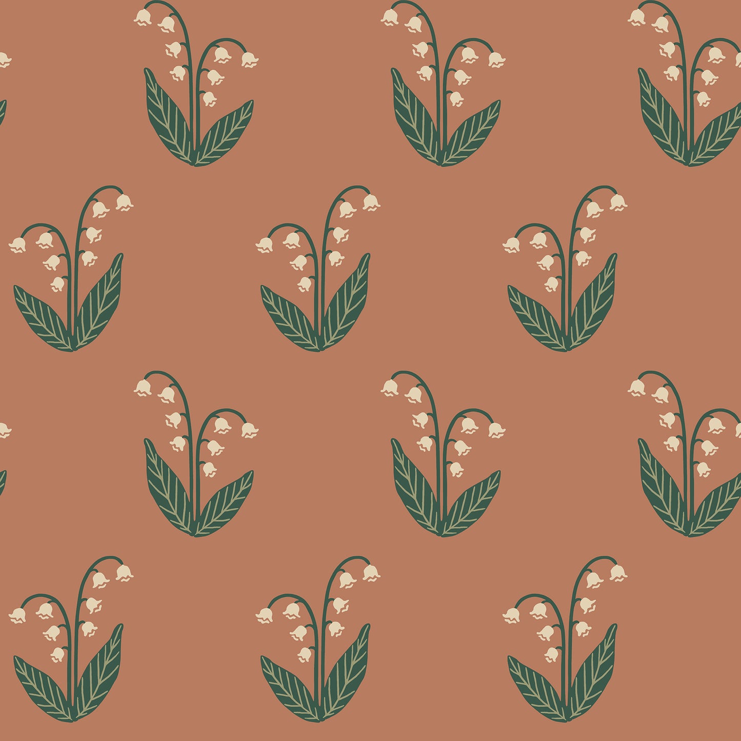  The Lilly wallpaper in terracotta features the beloved lily of the valley with its graceful graphic simplicity. 