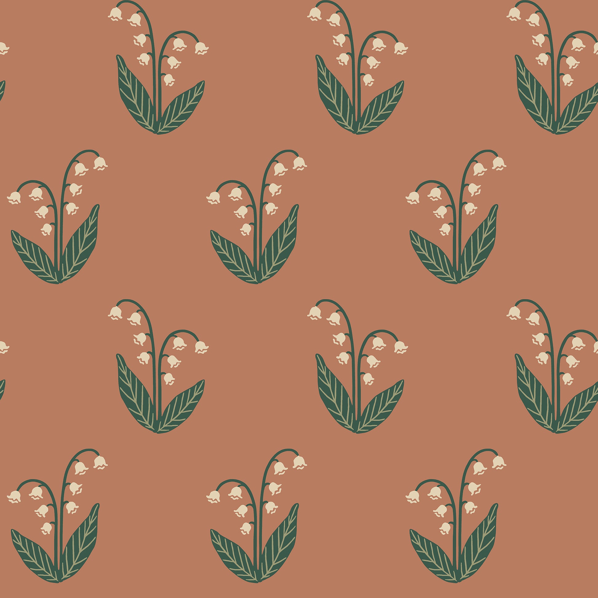  The Lilly wallpaper in terracotta features the beloved lily of the valley with its graceful graphic simplicity. 