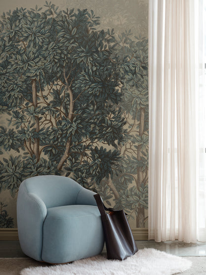 Let your walls whisper with the elegance of the Charles Mural. Inspired by Georg Ehret's botanical artistry, this mural captures a tranquil forest grove bathed in soft blue hues creating a vintage charm. 