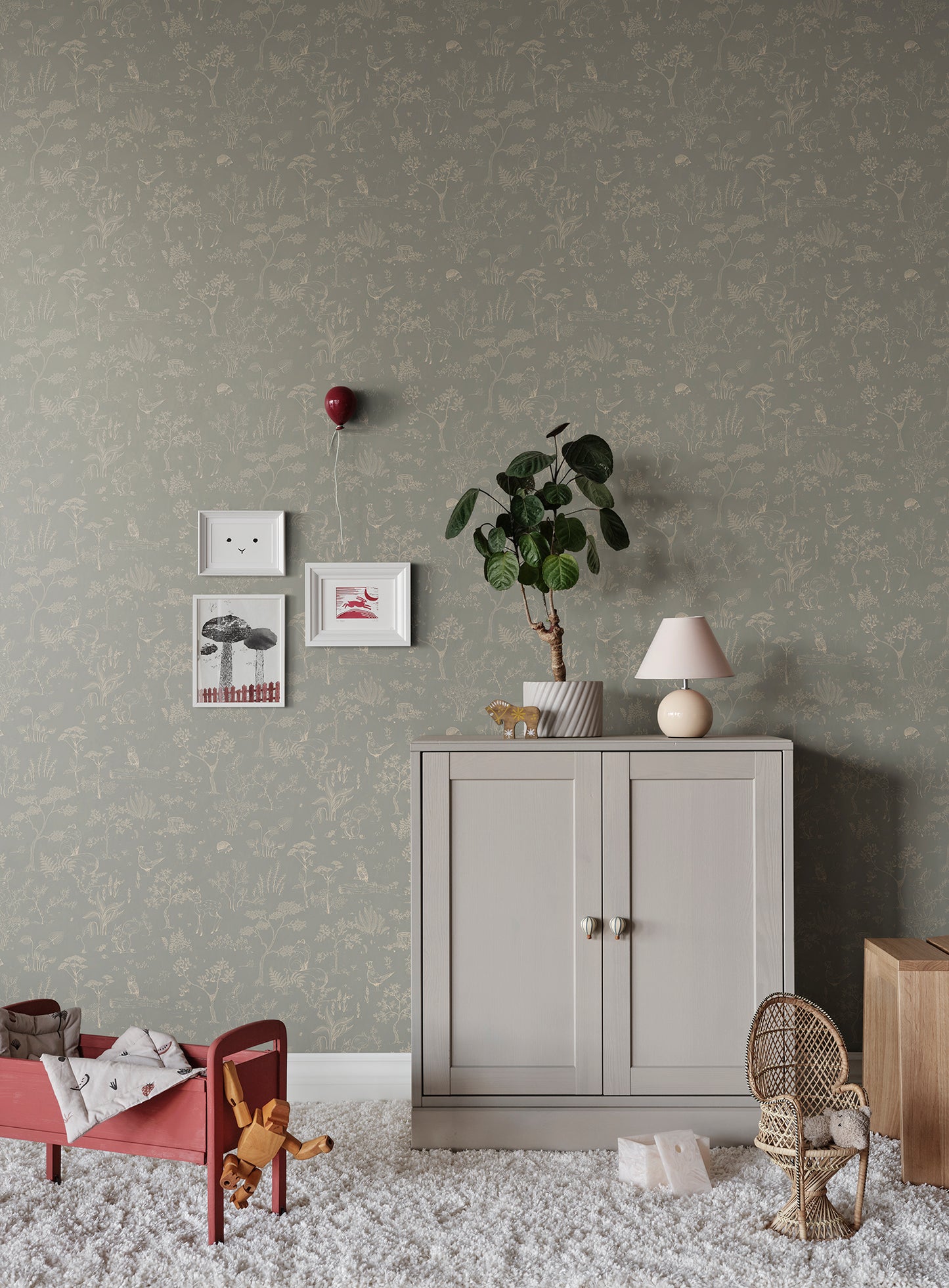 Discover the Hollie wallpaper, where a misty blue backdrop unfolds a fantasy forest teeming with whimsical animals and delicate botanical details.